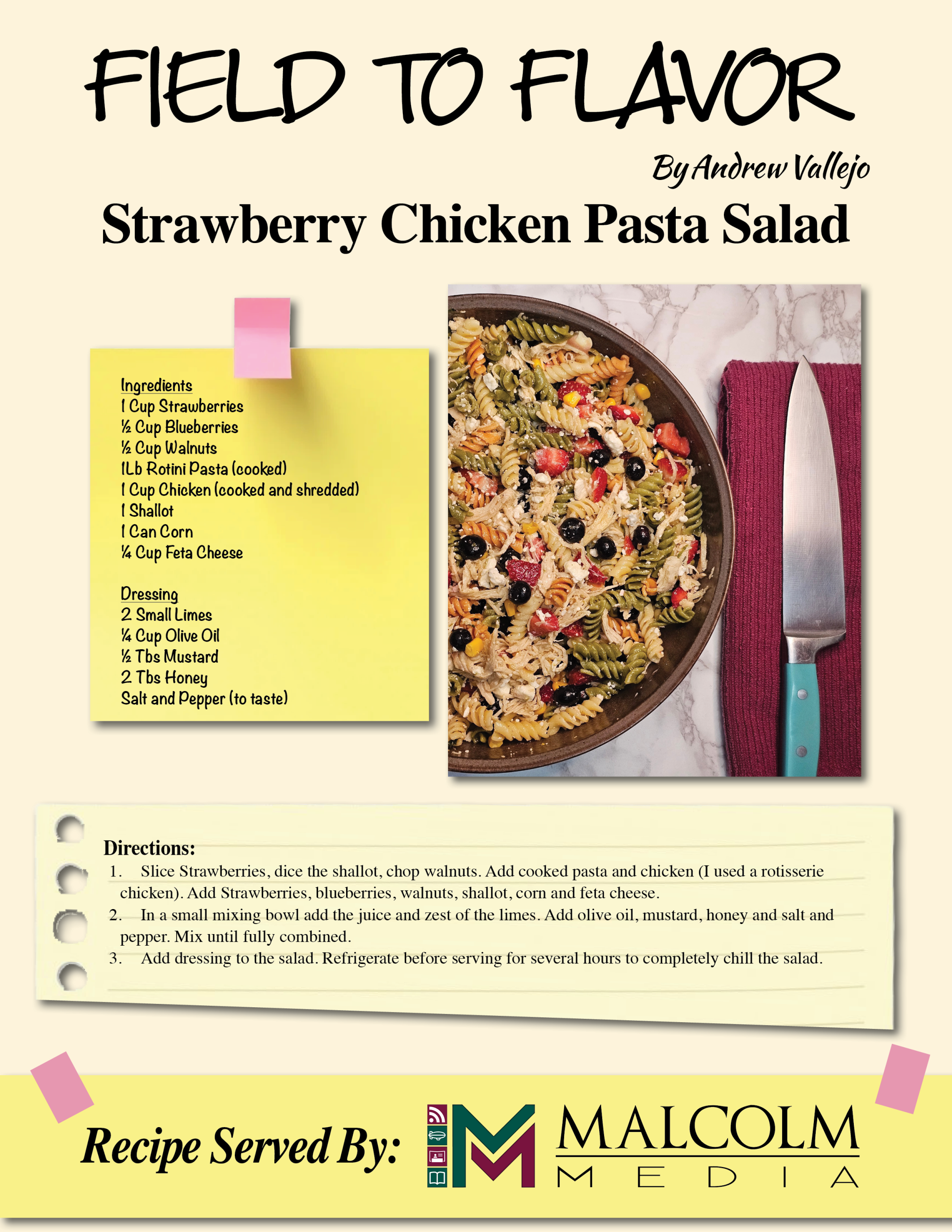 Field to Flavor recipe card: Strawberry Chicken Pasta Salad by Andrew Vallejo